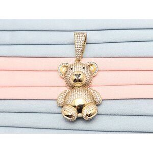 Unique 10K Karat Solid Yellow Gold 3D Puffy Teddy Bear CZ & Onyx Charm Pendant